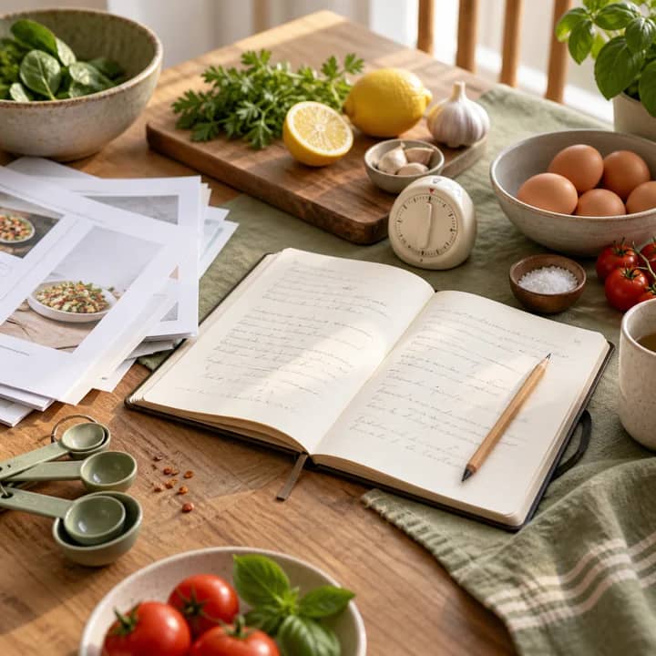 Cuaderno, ingredientes y elementos de medición durante una revisión editorial