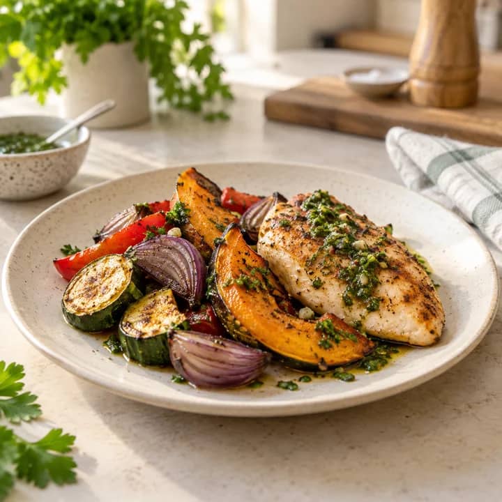 Plato casero con vegetales asados y pollo
