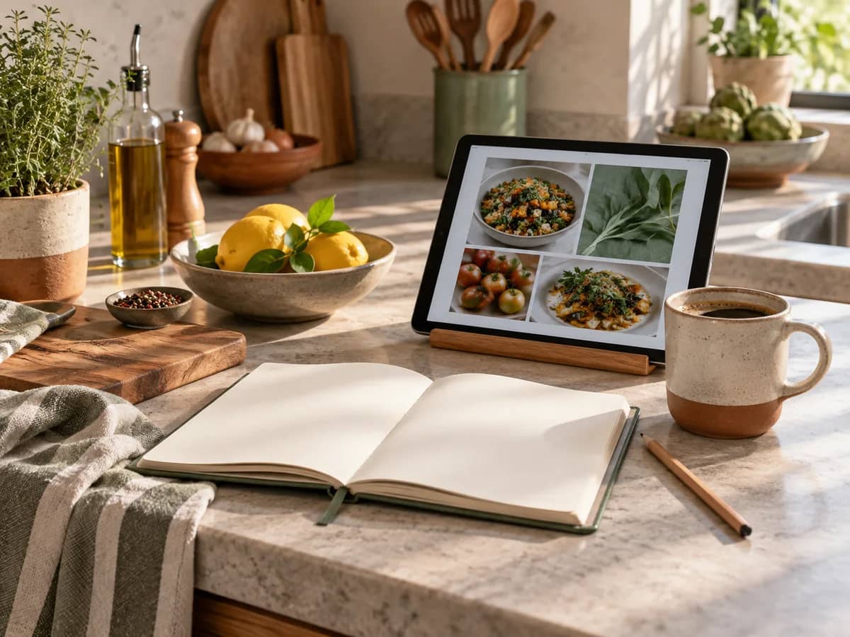 Cuaderno y tableta con material editorial de cocina junto a una taza