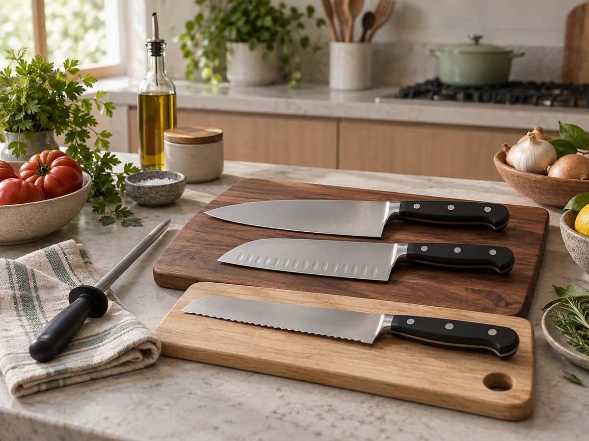 Cuchillos de chef, santoku y pan dispuestos de forma segura sobre tablas de cocina
