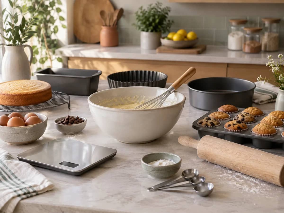 Bol, batidor, balanza, moldes y otros utensilios esenciales para repostería