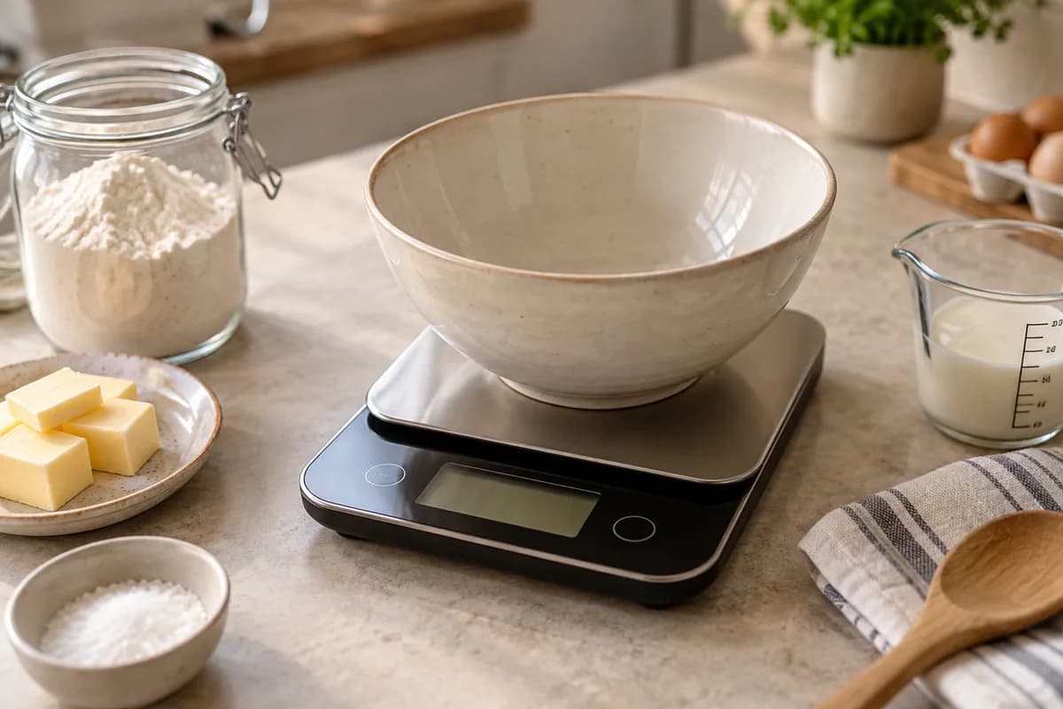 Balanza digital de cocina con un bol y elementos de repostería