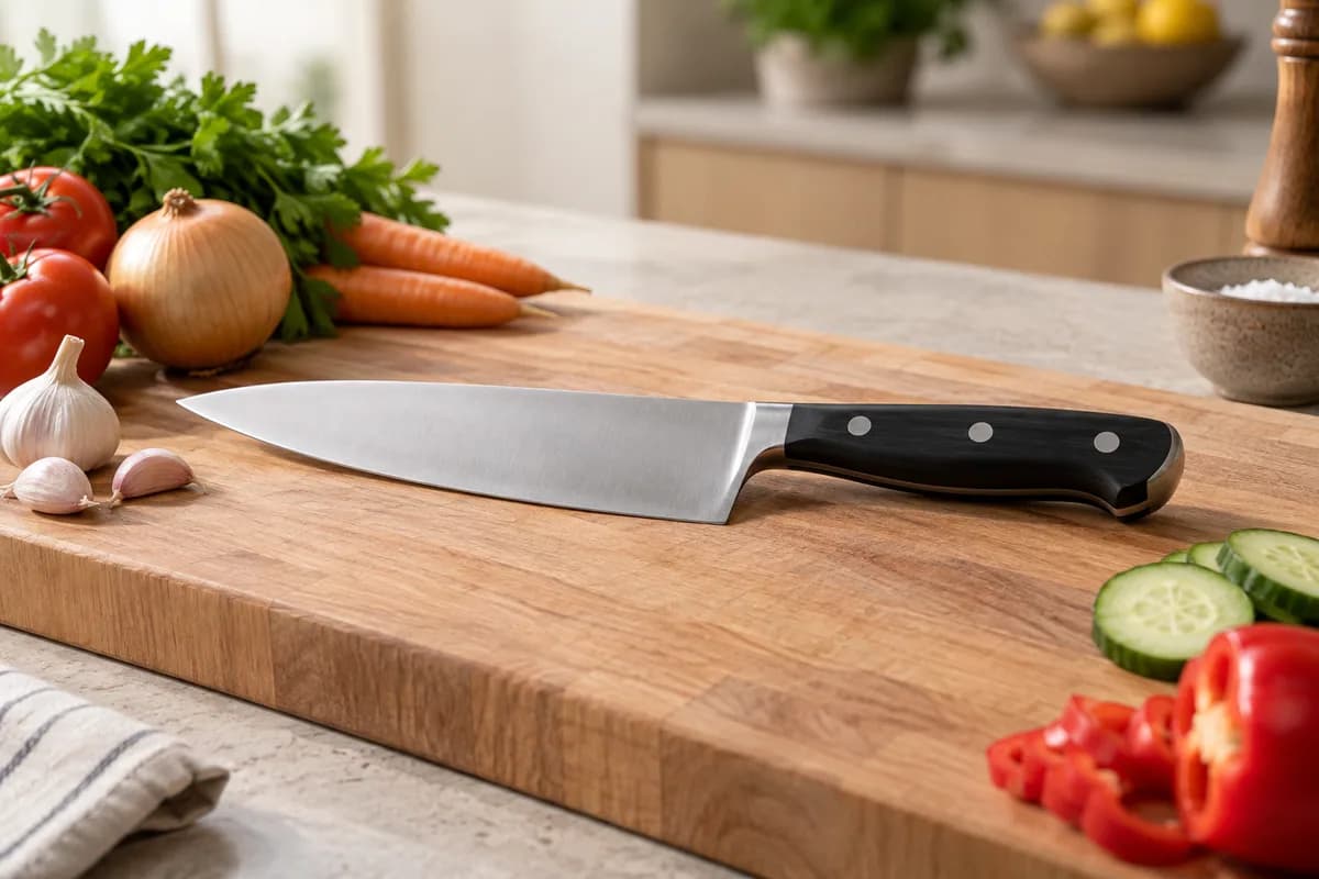 Cuchillo de chef sobre una tabla con la hoja y el mango visibles