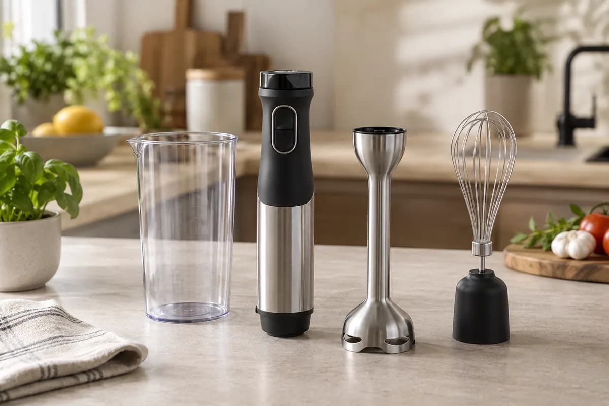 Minipimer desmontada con vaso, varilla y accesorios ordenados
