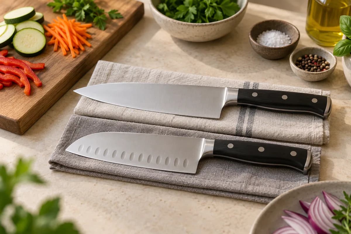 Cuchillo de chef y cuchillo santoku presentados en paralelo