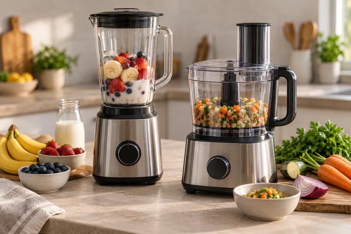 Licuadora de vaso y procesadora de alimentos junto a ingredientes distintos