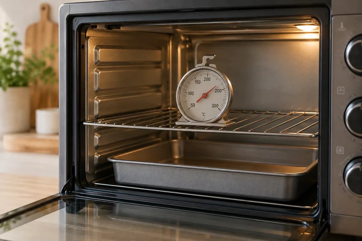 Termómetro analógico colocado en la rejilla central de un horno