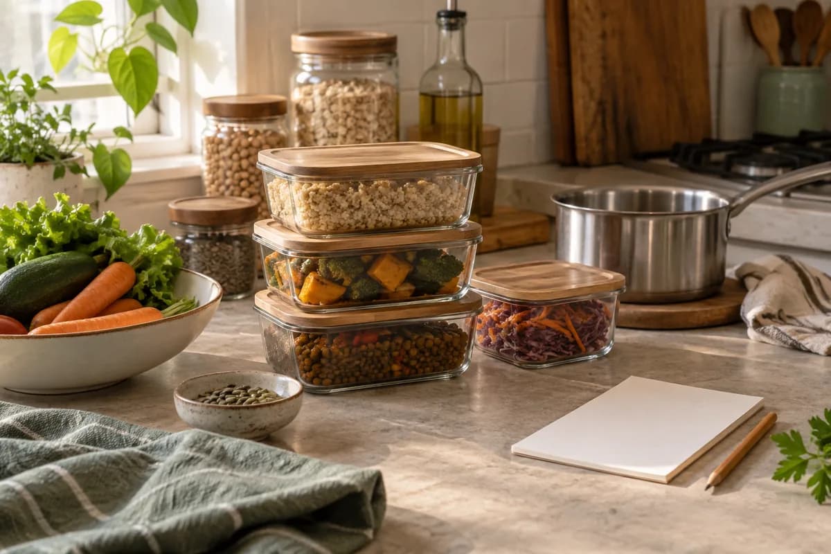 Recipientes con comidas preparadas e ingredientes organizados en una cocina