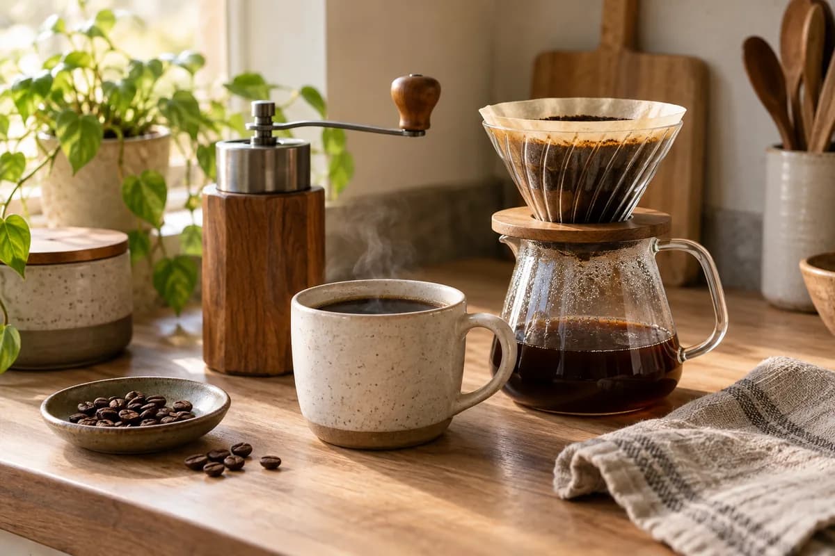 Café filtrado, taza y molinillo manual sobre una mesada