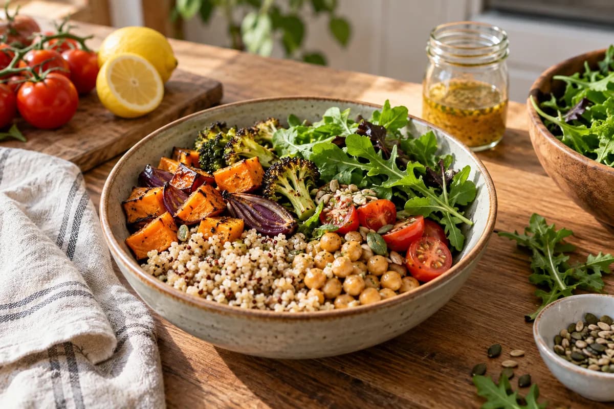 Bowl con vegetales, legumbres y granos en una cocina luminosa