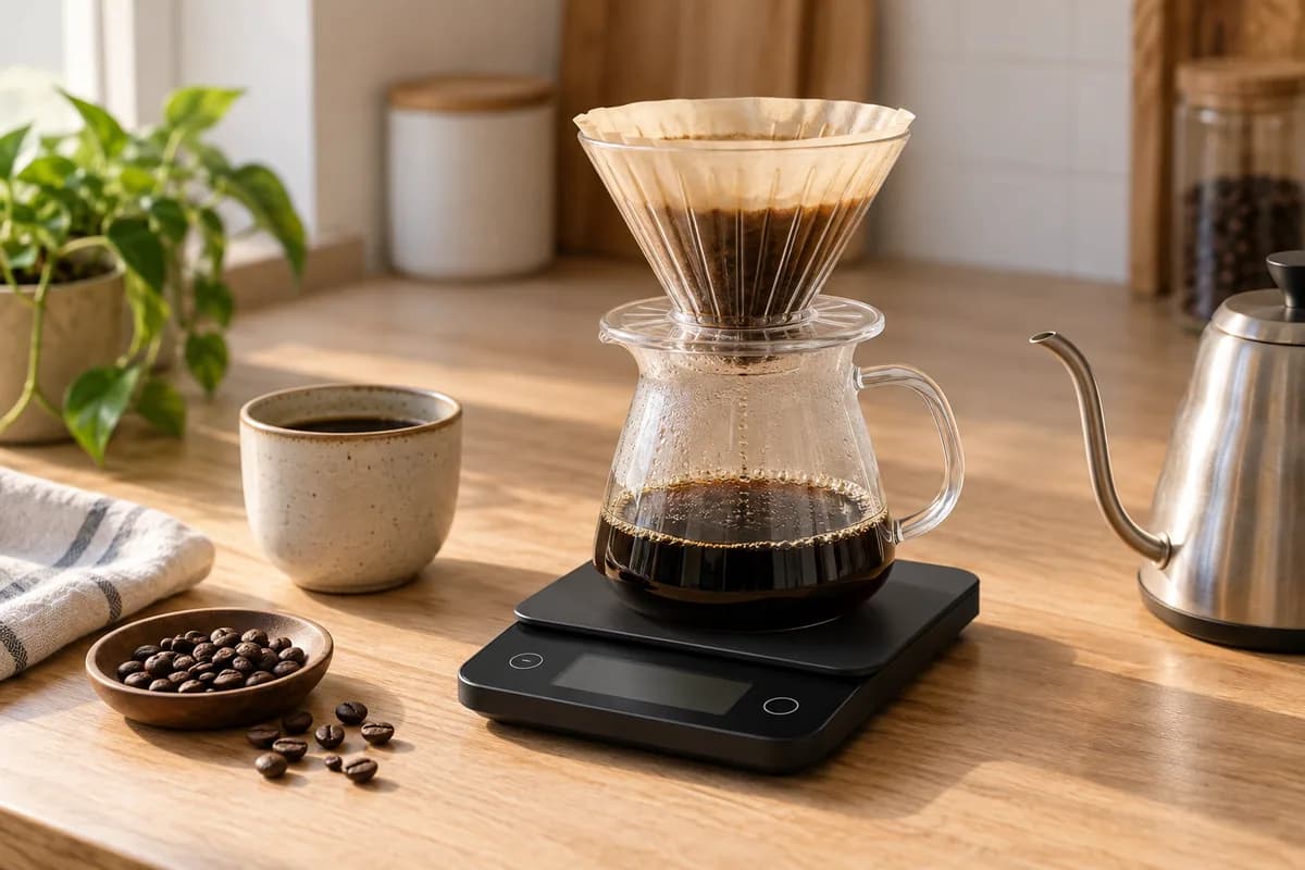 Balanza digital para café con servidor de filtro y taza sobre una mesada