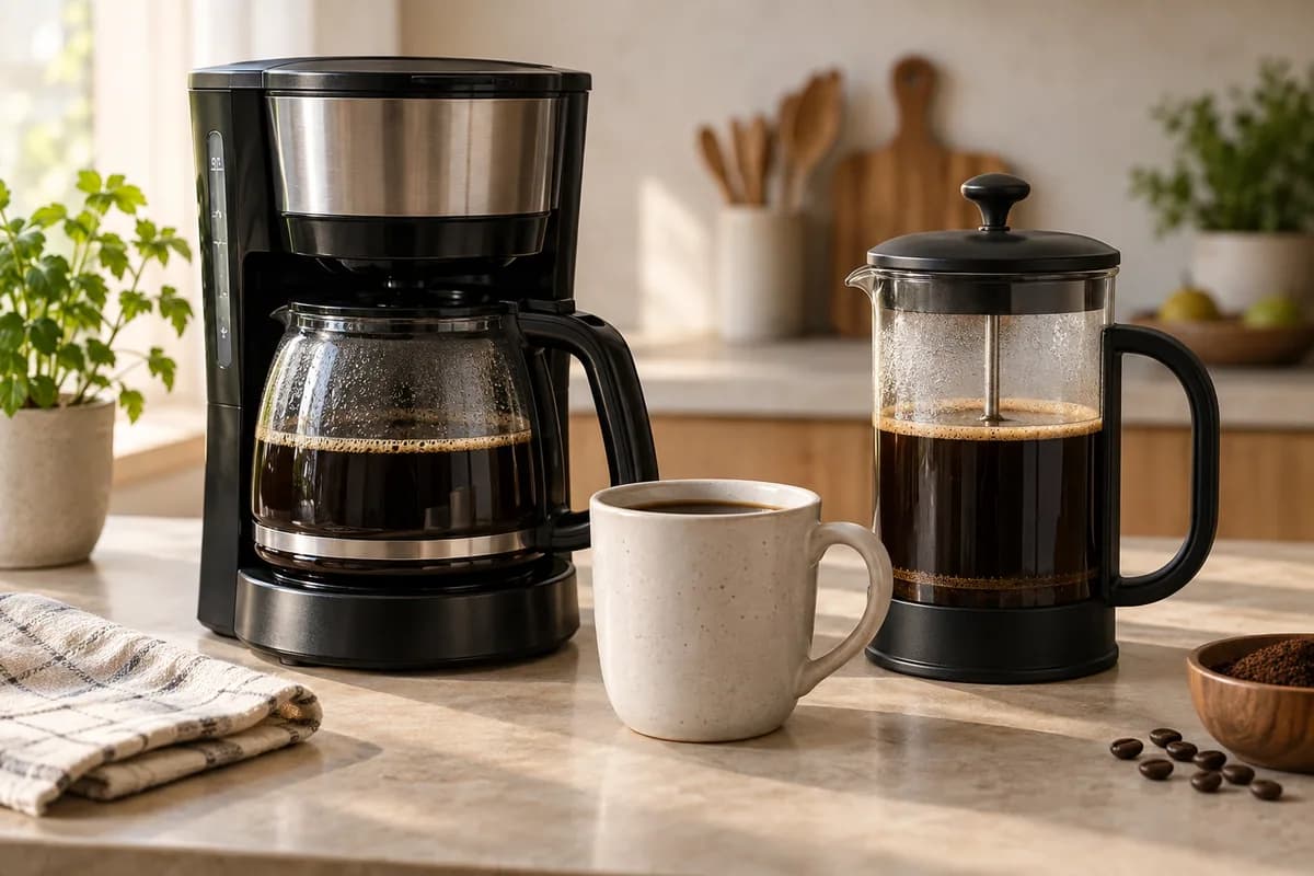 Cafetera de filtro y prensa francesa servidas junto a dos tazas