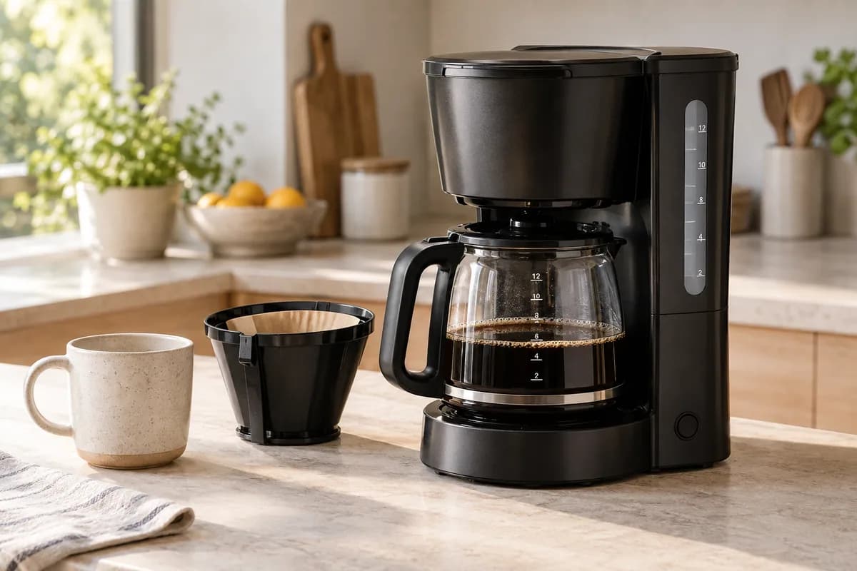 Cafetera de filtro con jarra, portafiltro desmontable y taza