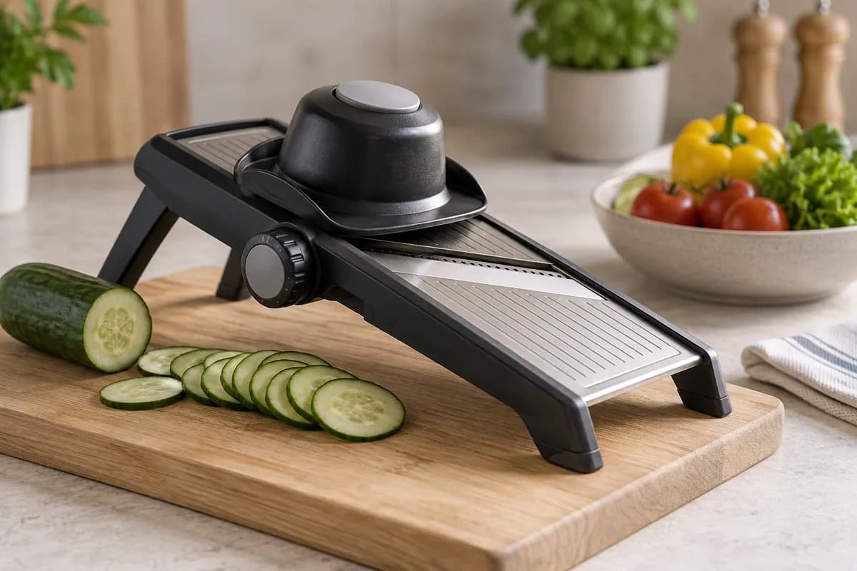 Mandolina estable con protector de mano y rodajas de pepino
