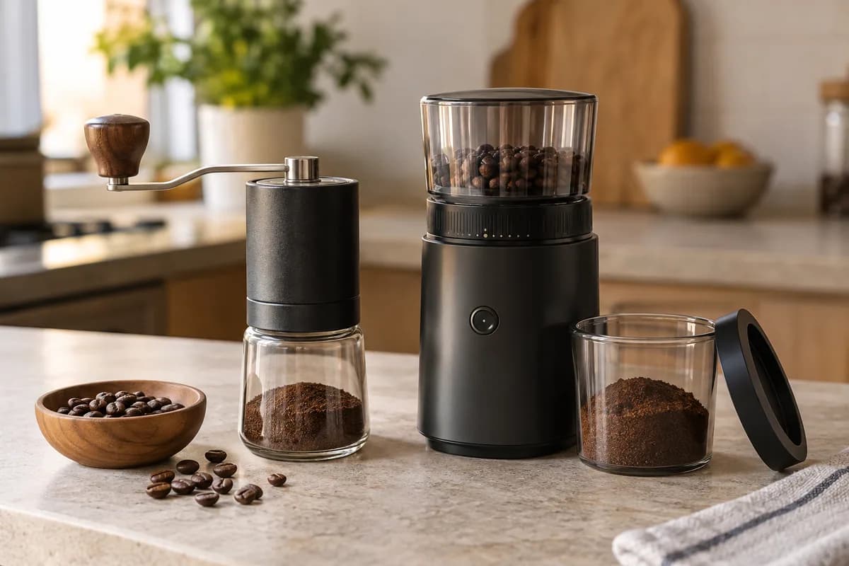 Molinillos de café manual y eléctrico con granos y recipiente
