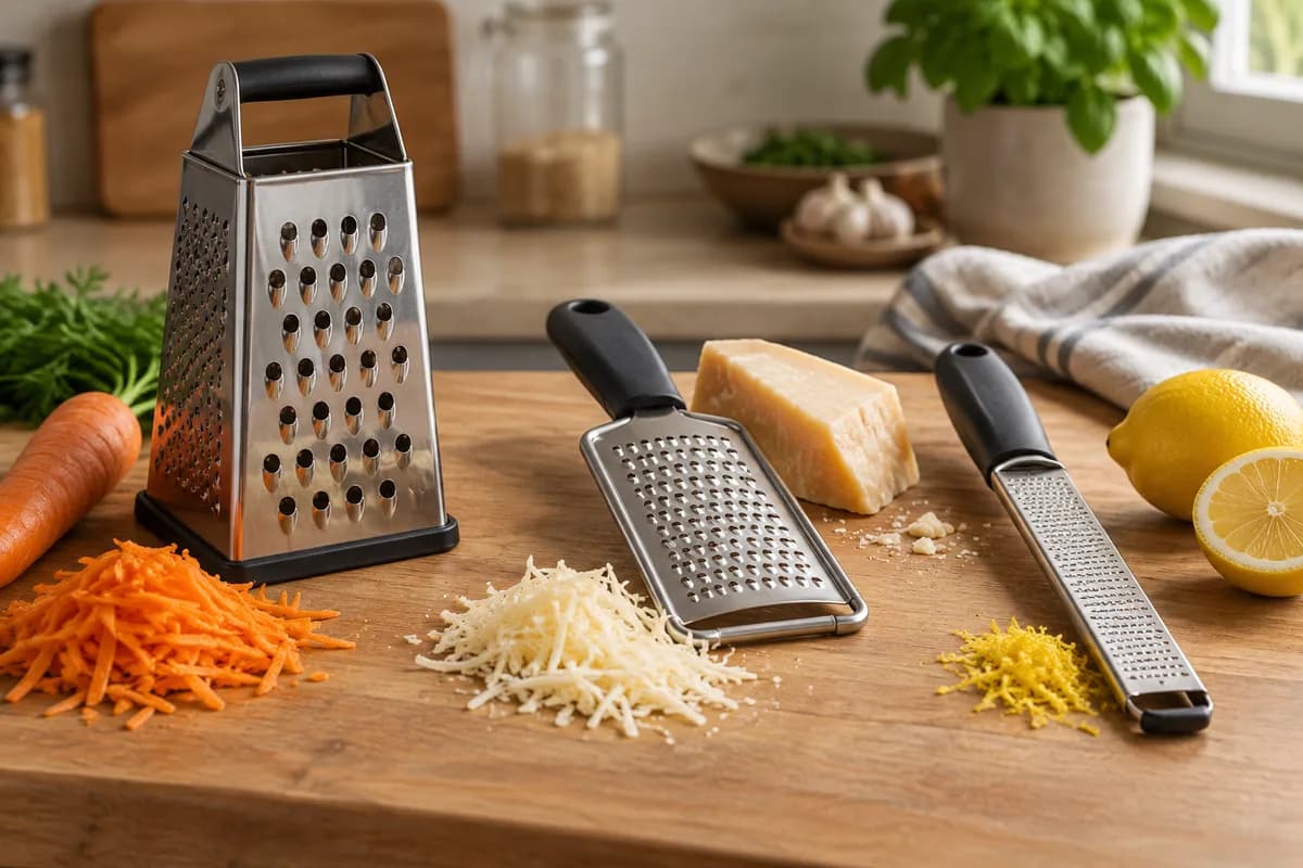 Ralladores de caja, plano y fino junto a alimentos adecuados para cada formato