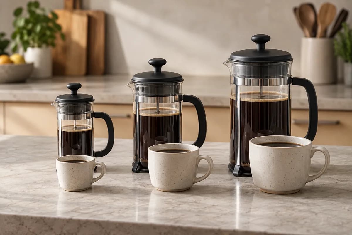 Prensas francesas de tres capacidades comparadas con tazas