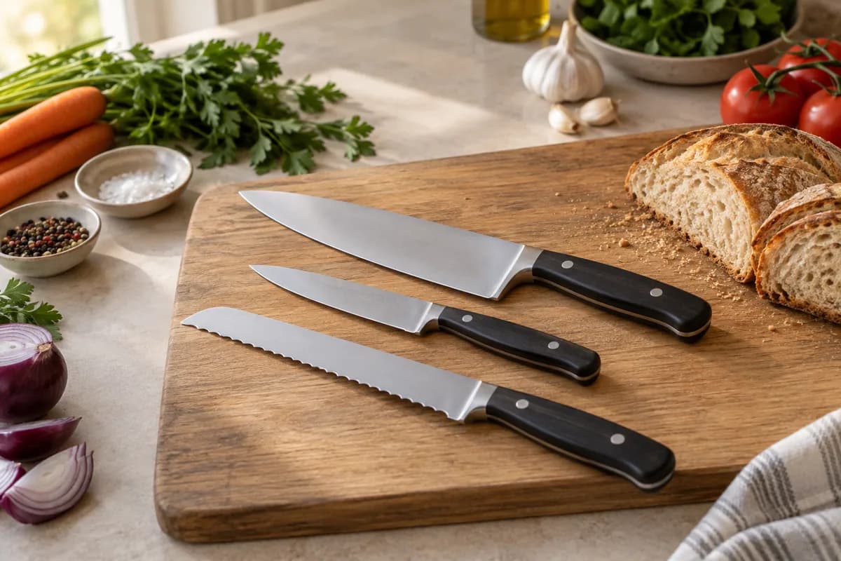 Cuchillo de chef, cuchillo pequeño y cuchillo de pan sobre una tabla