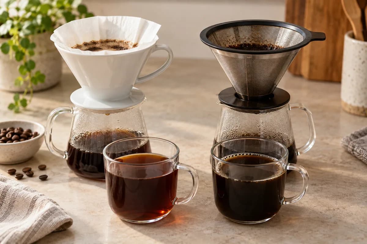 Filtro de café de papel y filtro metálico permanente comparados lado a lado