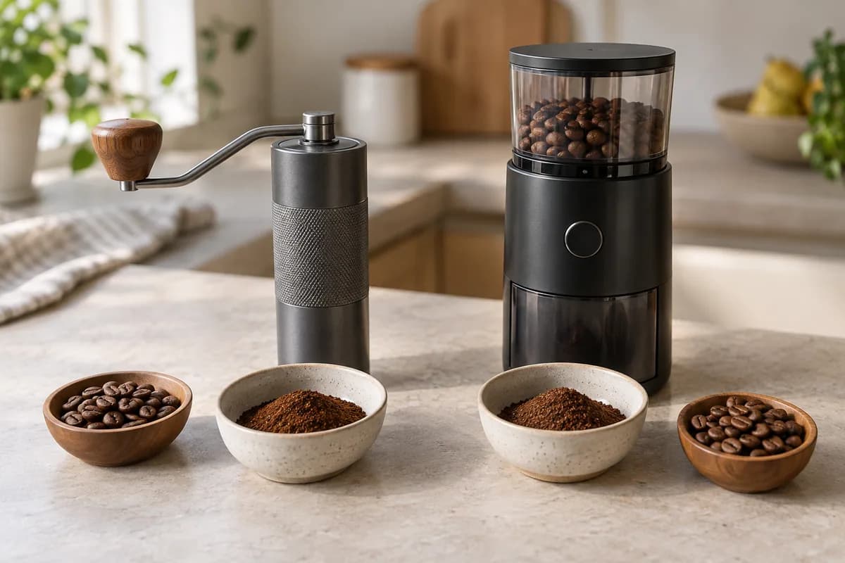 Molinillo manual y molinillo eléctrico con porciones iguales de café