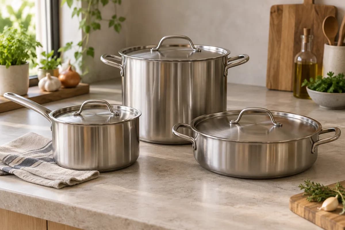 Cacerola, olla mediana y olla grande con sus tapas