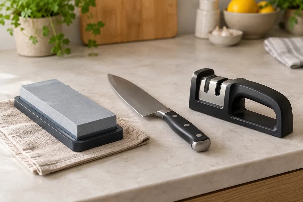 Piedra de afilar y afilador manual presentados junto a un cuchillo
