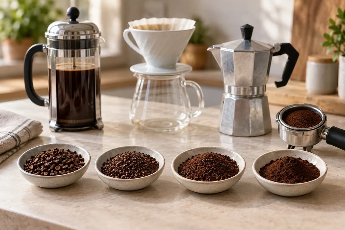 Cuatro grosores de molienda junto a distintos métodos de café
