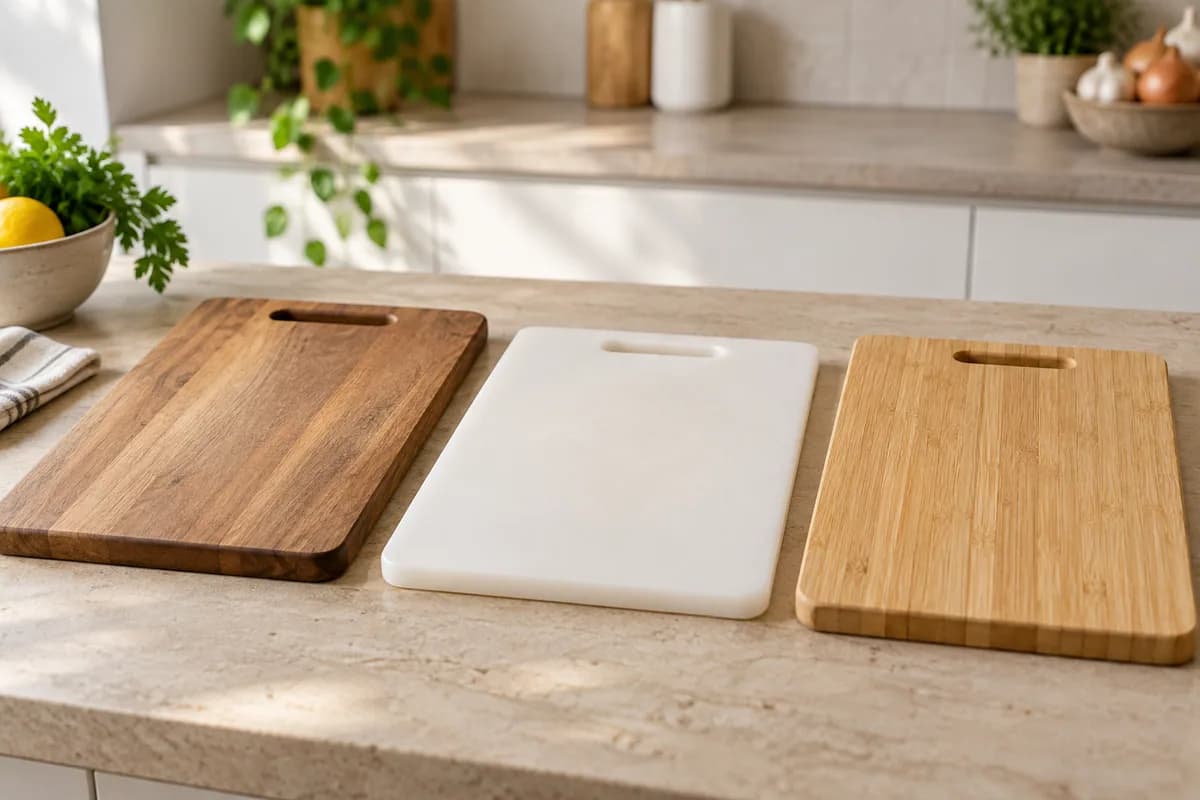 Tablas de cortar de madera, plástico y bambú alineadas