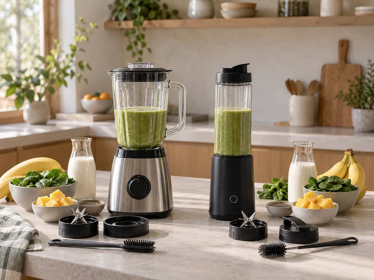 Dos formatos de licuadora comparados con accesorios e ingredientes equivalentes