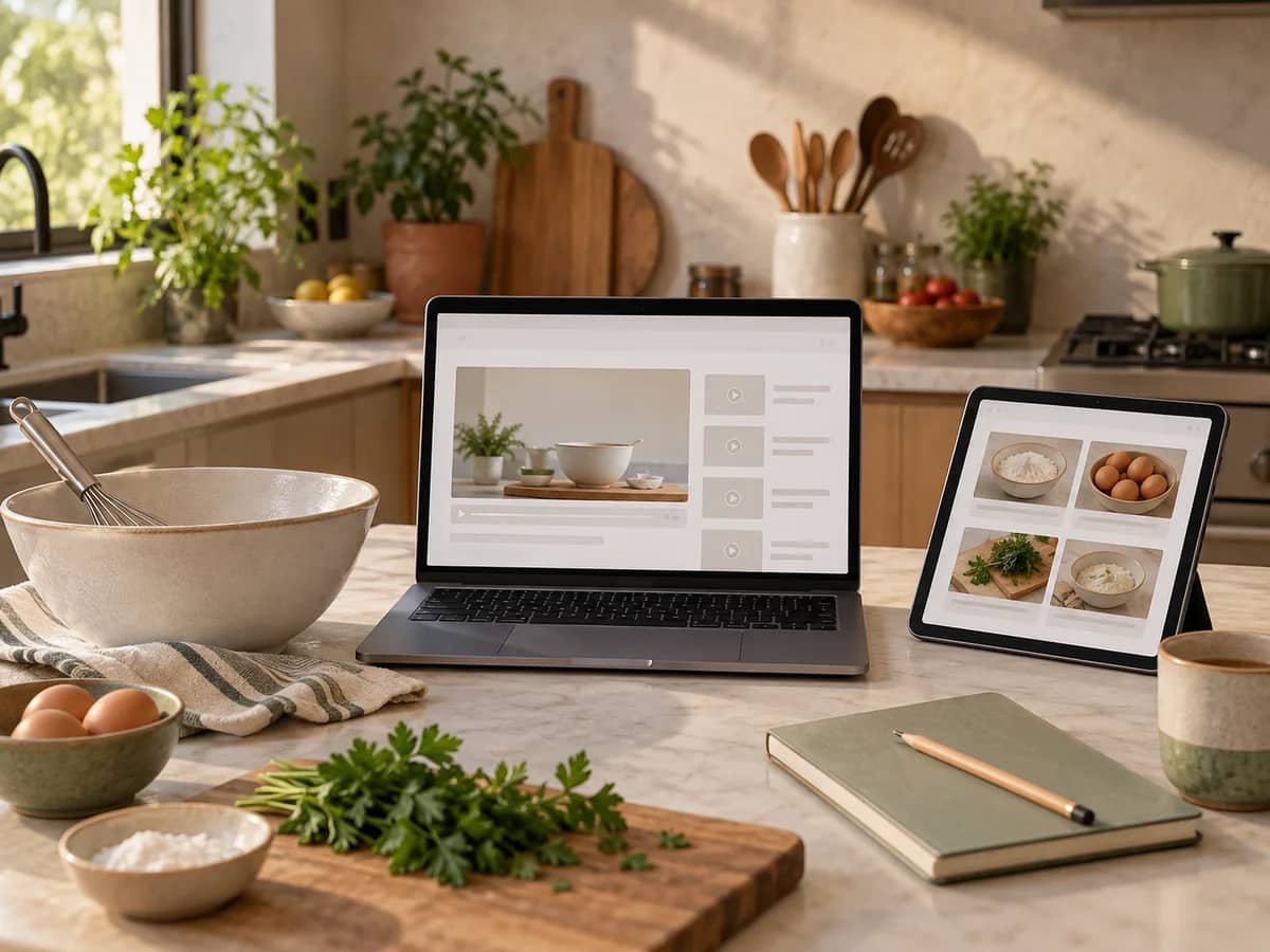 Espacio de aprendizaje de cocina con computadora, tableta, cuaderno y utensilios