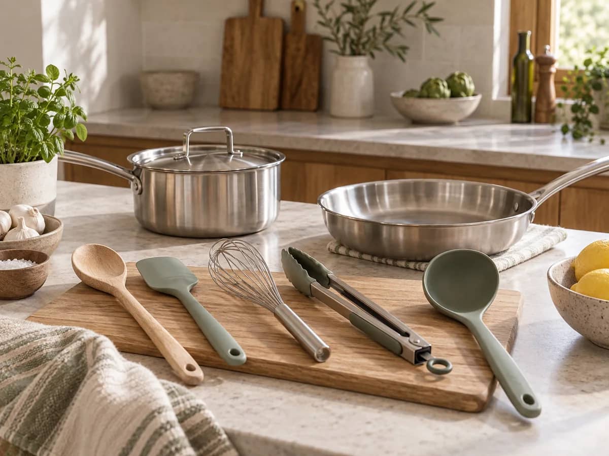 Selección ordenada de utensilios y piezas de cocina para el uso cotidiano